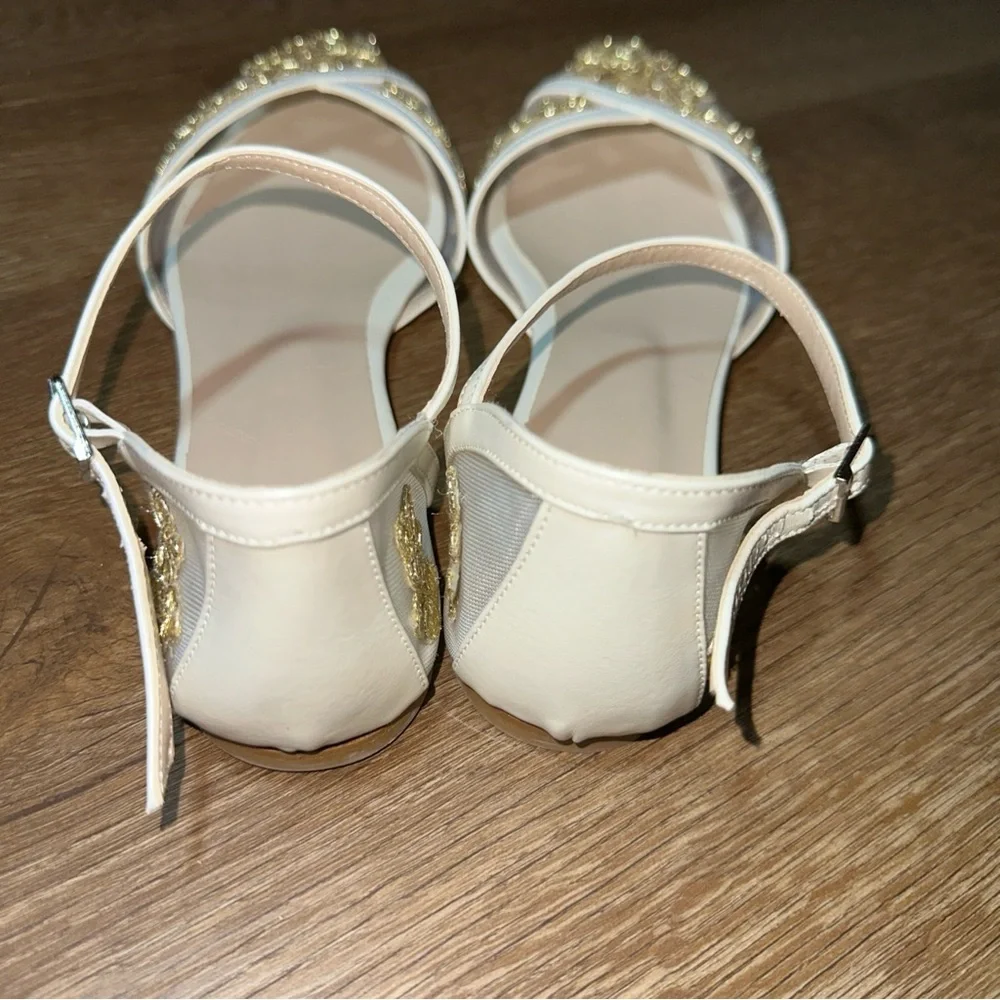 Bridal Ivory Gold Floral Flats Pointed Toe Ankle‎ Strap 42.5